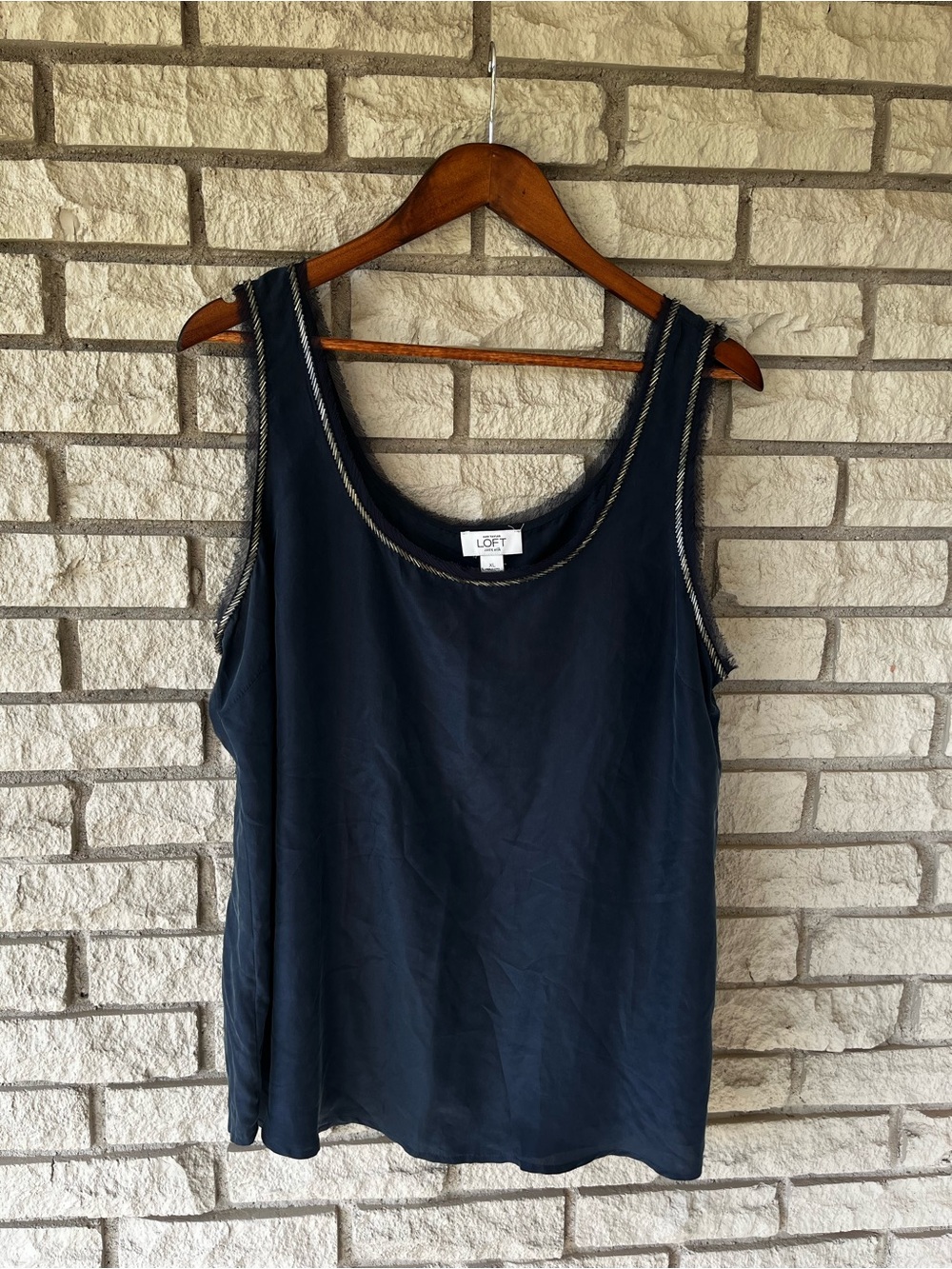 NWT Ann Taylor LOFT 100% Silk Beaded Trim Navy Tank Blouse Size XL